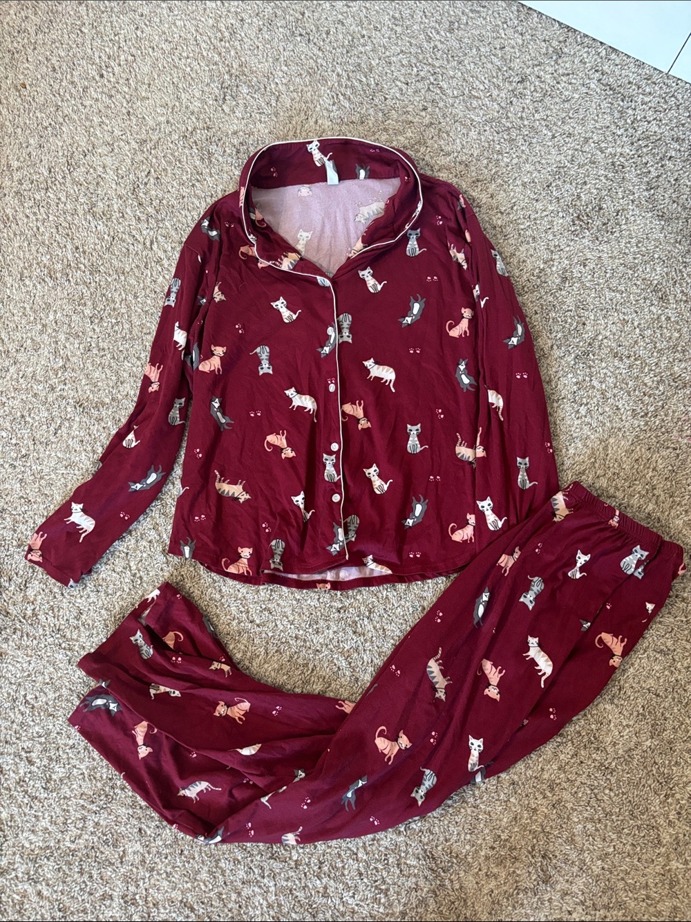 Pj Couture Maroon Cat Print Pajama Set